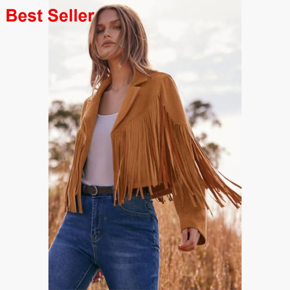 Faux Suede Fringe Cropped Jacket with Tassel Design - Picture 3 of 7